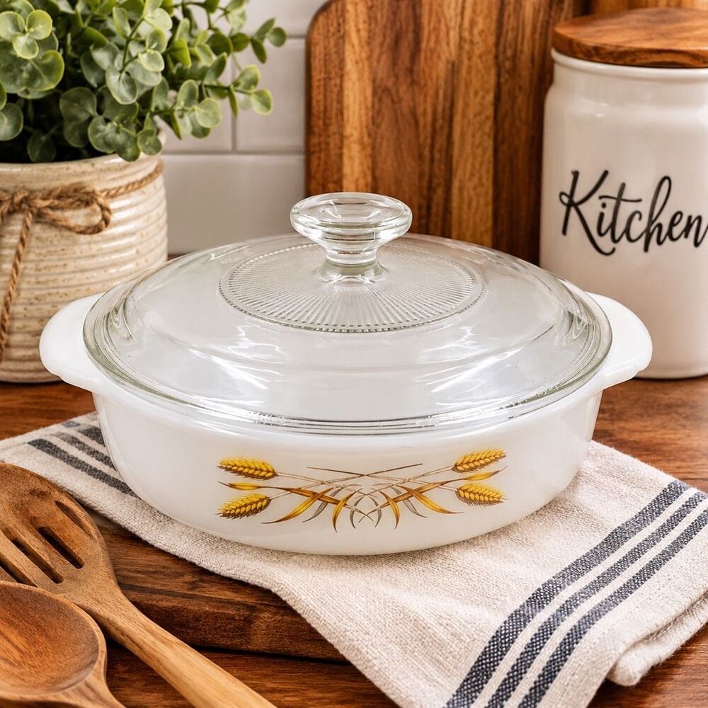 Fire King 8" Round Opaque Baking Dish Wheat Design #450 Anchor Hocking
